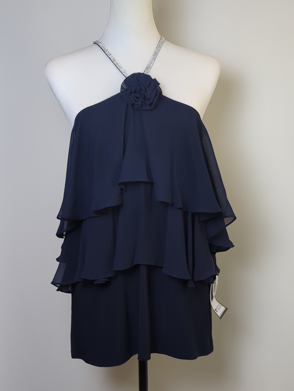 NWT MSK Navy Blue Rhinestone Halter Tiered Chiffon Top Rosette Blouse XL - Picture 7 of 15